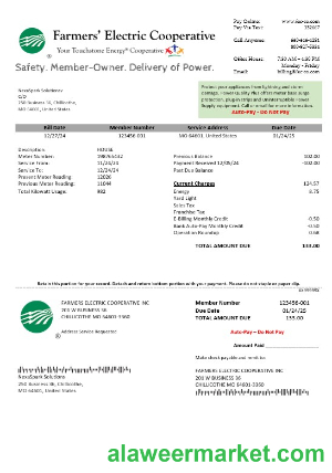 USA Ohio Farmer's Electric Cooperative business utility bill template in Word an PDF formats